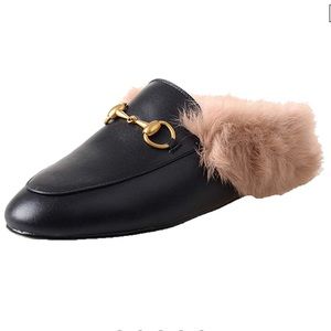 Leather Slingback Mules with Faux Fur Slip on